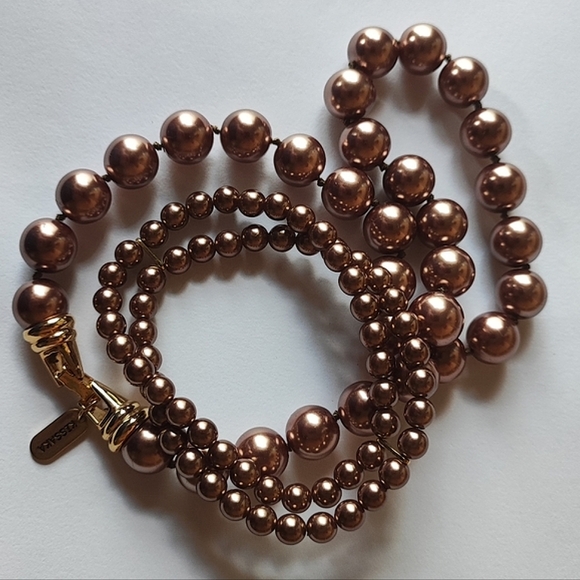 Rich Cocoa Chocolate Brown Faux Pearl Rosary Chain Glass Opaline Beaded Necklace - Picture 6 of 9